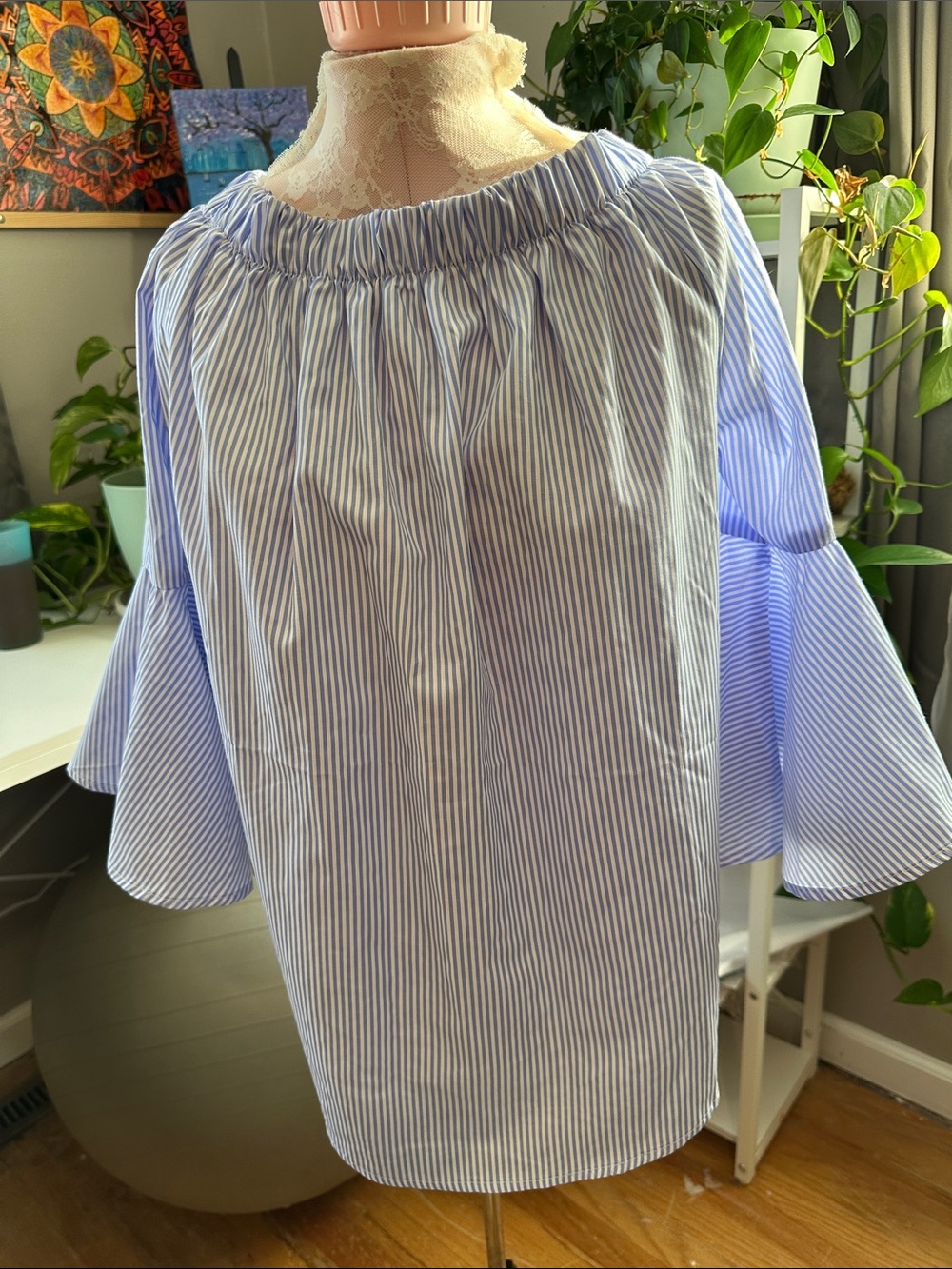 Roommates Blue and White Striped Off-Shoulder Bell Sleeve Blouse